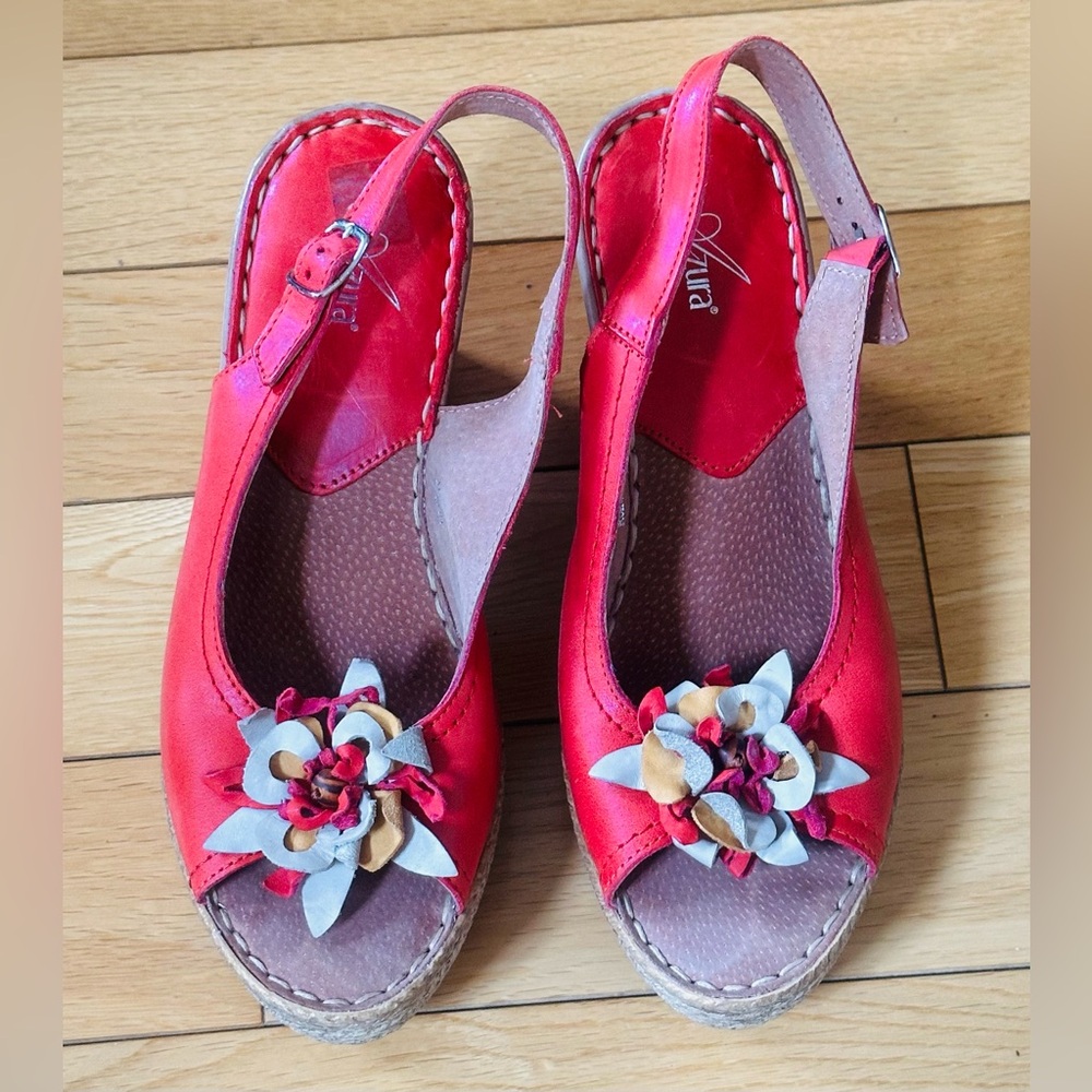 Azura Red Peep-Toe Wedge soft leather Sandals with Floral Accent